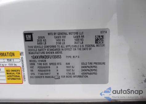 2015 GMC Acadia Slt-1 from USA, damaged, VIN 1GKKVRKD5FJ135853